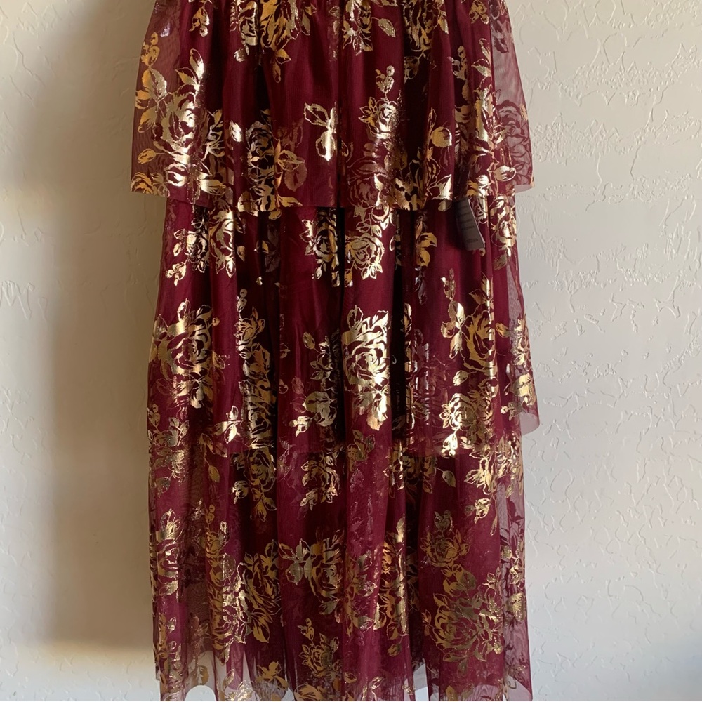 NEW Jewel Badgley Mischka Metallic Floral Tiered Tulle Cocktail Dress in Wine - Picture 5 of 10